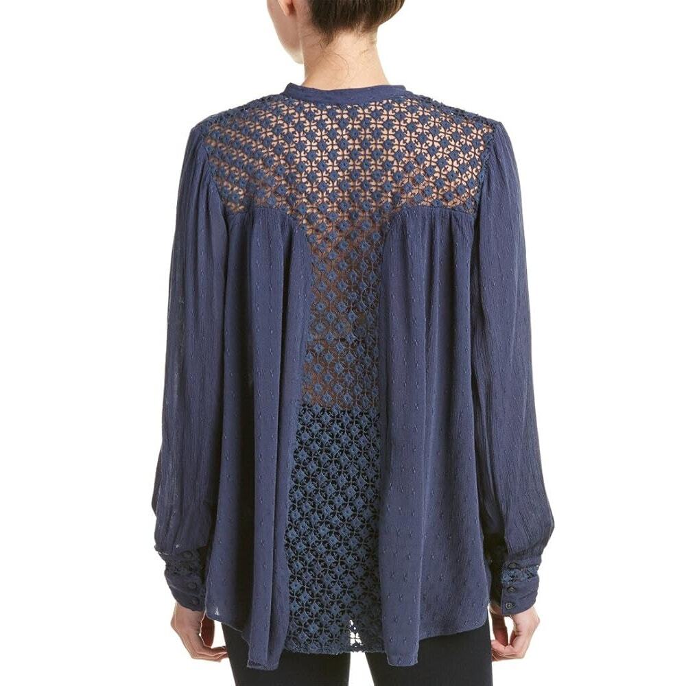 Free People The Best Button Down Navy Crochet Top - Size M - Picture 2 of 5